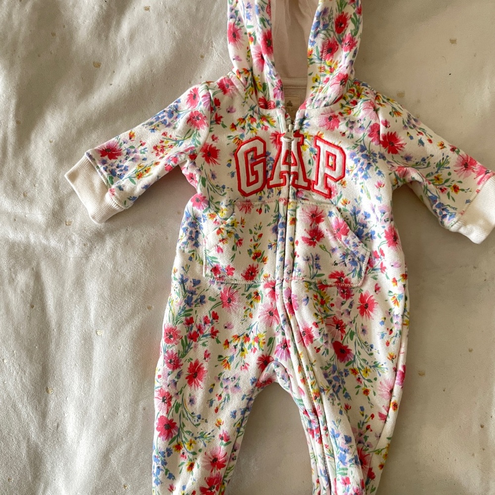 GAP White and Pink Floral Footies with Hood